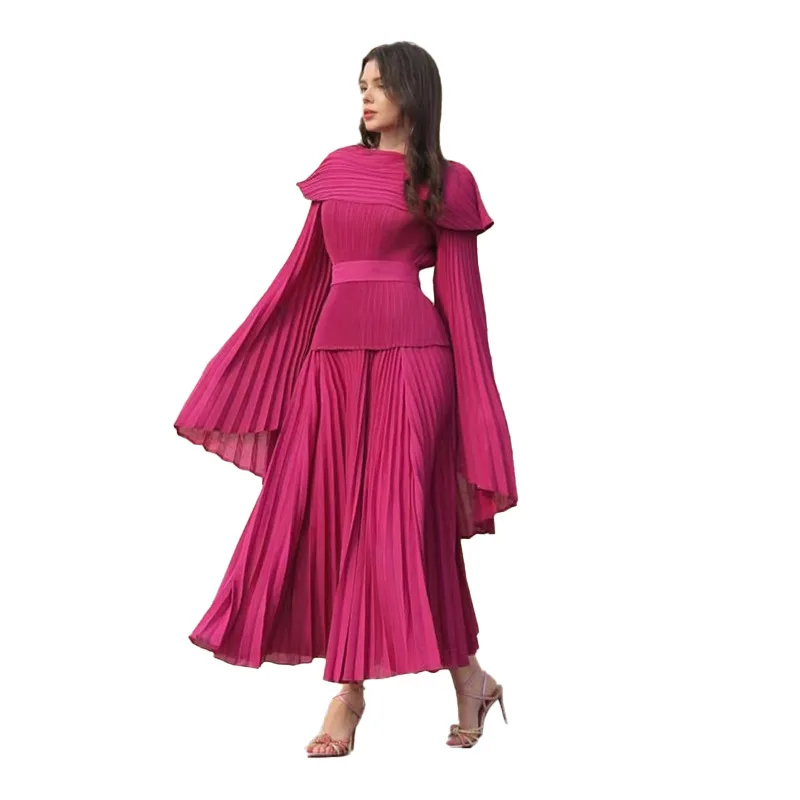 2024 Autumn New Miyake Pleated Set Split Solid Color Top + Elastic Waist Long Swing Skirt Two-piece Sets Women\'s Clothing