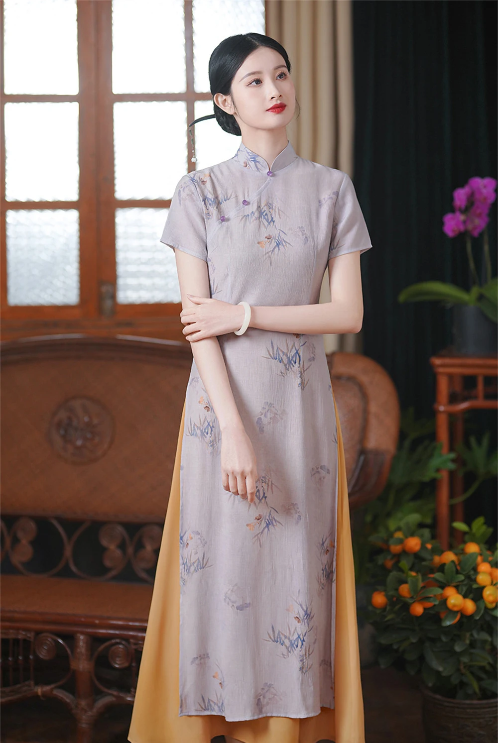 Light Purple Printed AoDai Cheongsam Female Summer New Chinese Improved Dress Tea Clothing Traditional Retro Long Qipao Vestidos