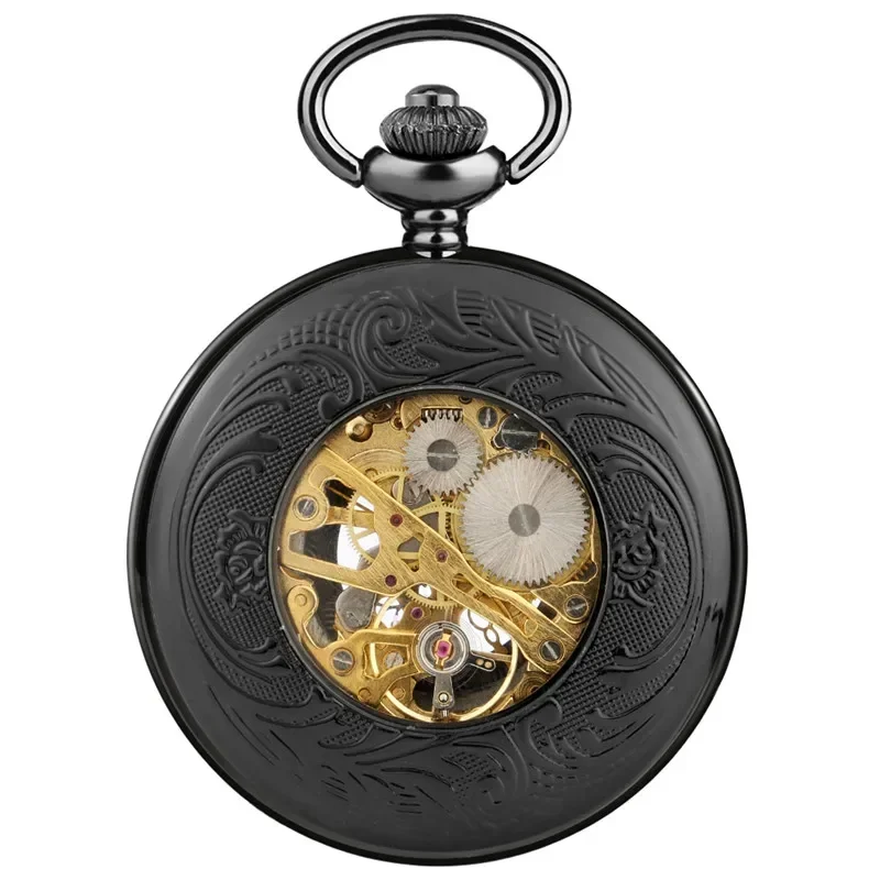 Steampunk Black Handwinding Mechanical Skeleton Pocket Watch for Men Women Pendant Chain Clock Carving Roman Number Timepiece