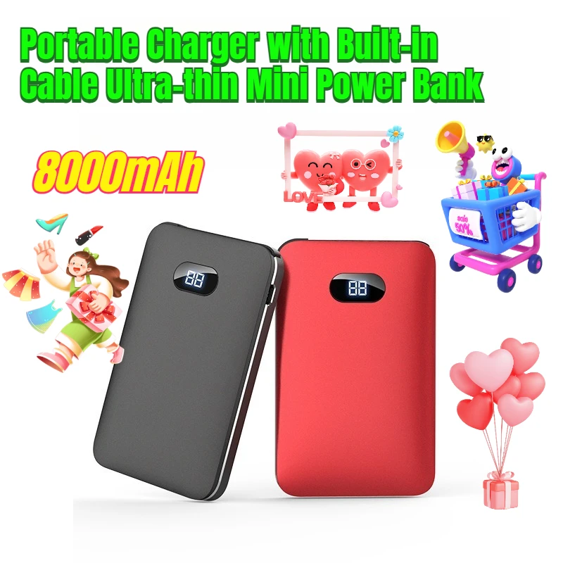 

8000mAh Portable Charger with Built-in Cable Ultra-thin Mini Power Bank