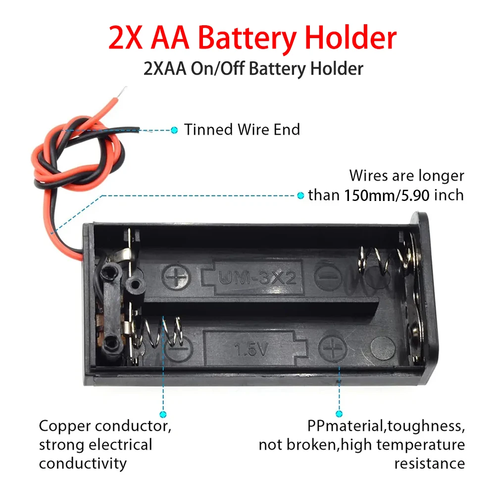 1/2/3/4 Slot AA Battery Holder,1.5V/3V/4.5V/6V AA Battery Box with Leads Wires ON/Off Switch and Screw Cap Case Back Cover