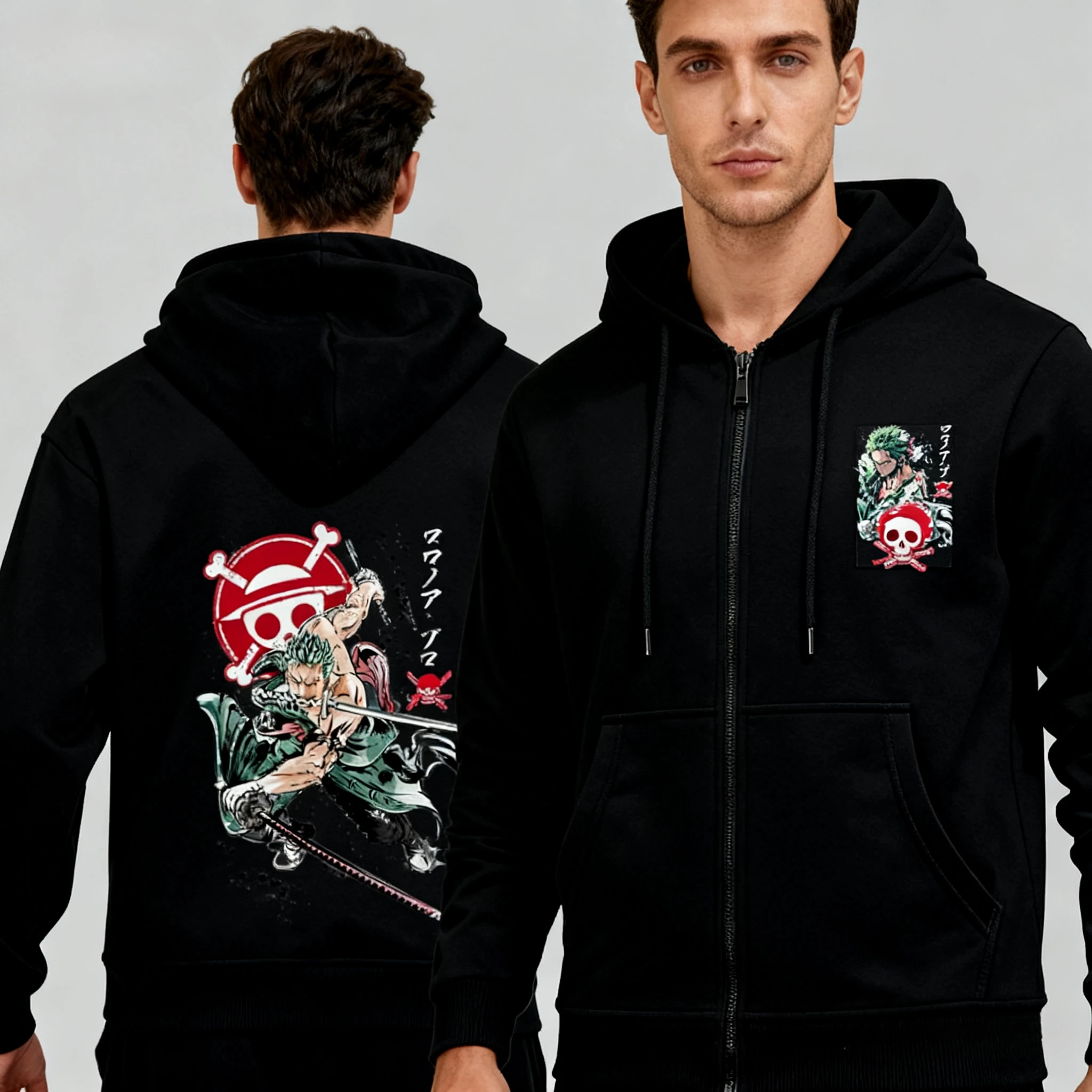 

Bandai Pirate King Trendy Mens Zipper Hooded Sweatshirt Long Sleeve Loose Fit for Autumn Winter Streetwear Casual Style