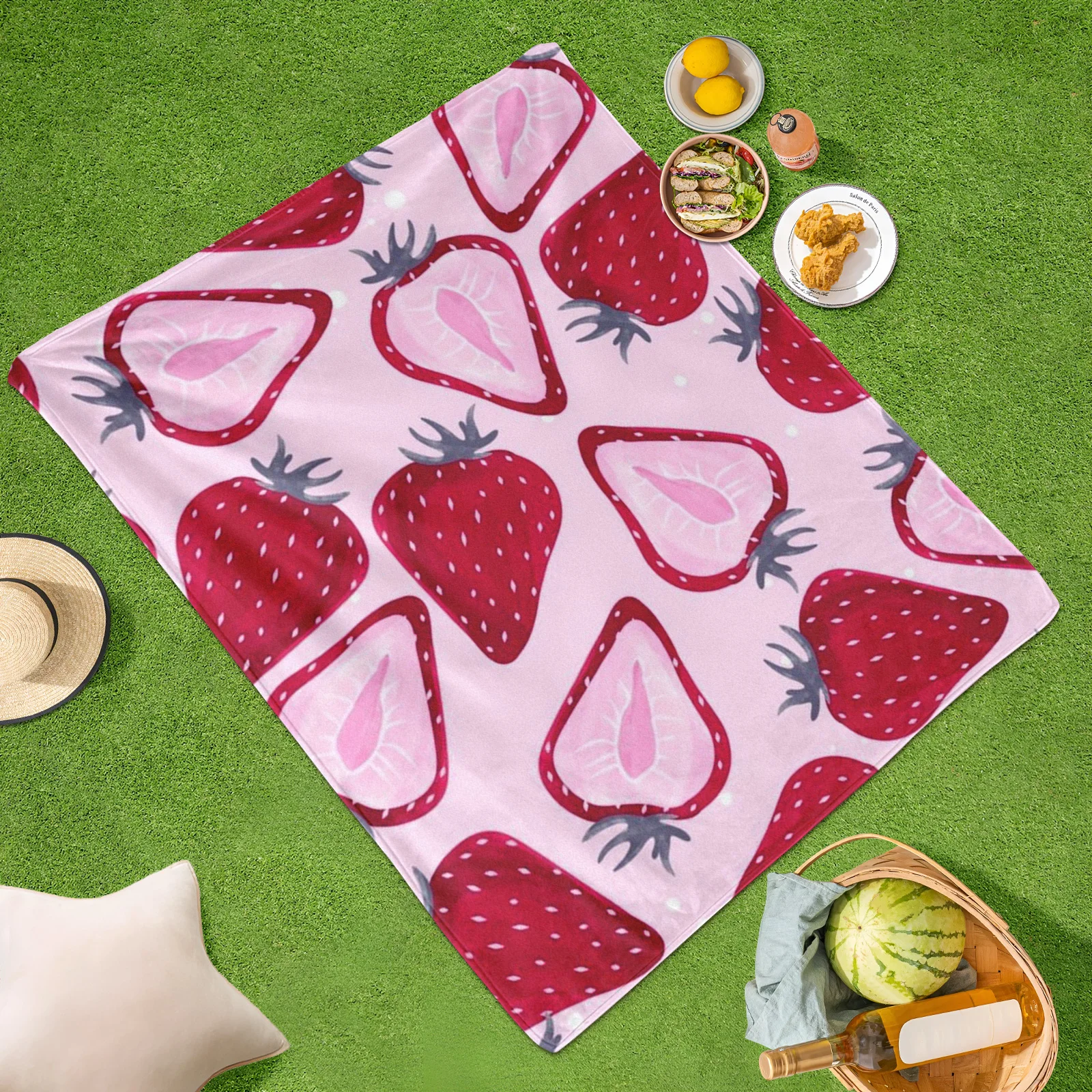 Manta repetidora con diseño de fruta y fresa para exteriores, color rosa, para picnic y accesorios esenciales para la vida