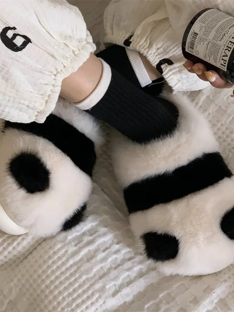 Pantuflas de Panda de Interior para mujer, zapatos planos y peludos de algodón con dibujos animados, cálidos, antideslizantes, Invierno