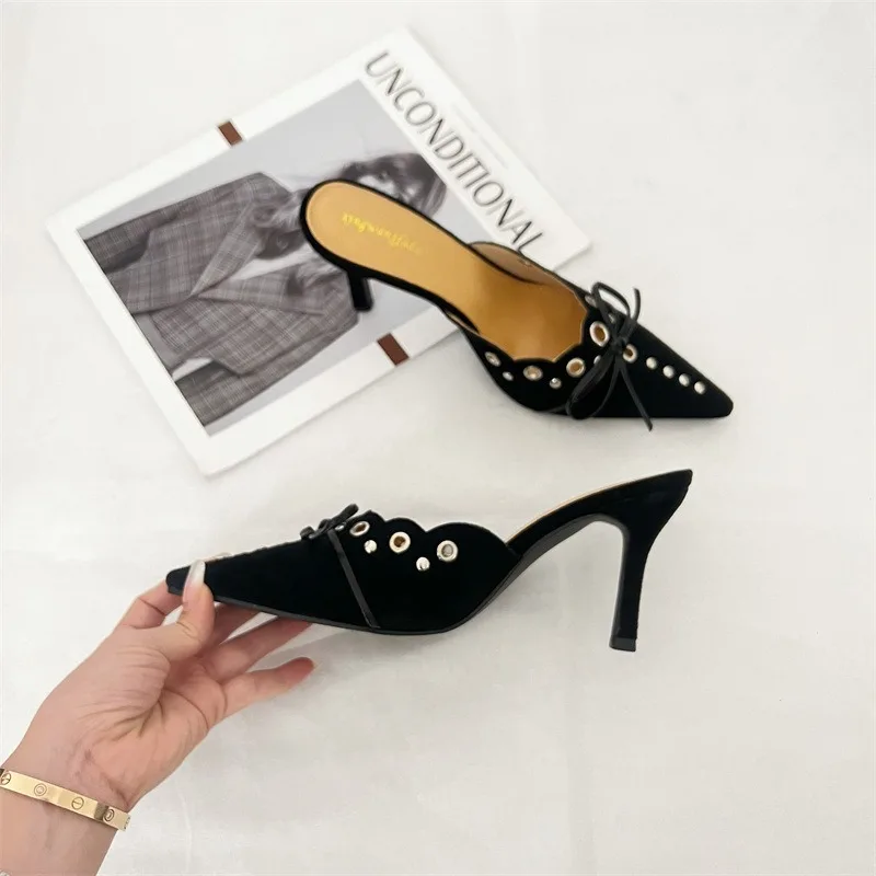Fashion Rivet Pointed Toe Women Mules Low Thin Heel Slip On Women Heels image 5