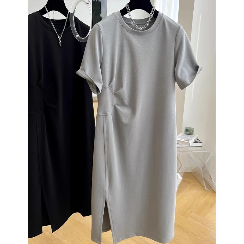 Women Clothing Summer Basic Long Split T-shirt Loose Casual Solid Simple Tunics Ladies O-neck Chic Covered Buttocks Tops