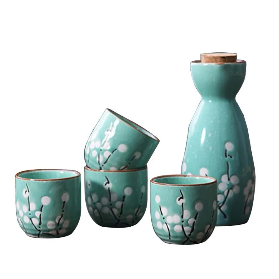 

5 Pcs Ceramic Japanese Sake Set Traditional 1 Tokkuri Bottle 4 Ochoko Cups [G]