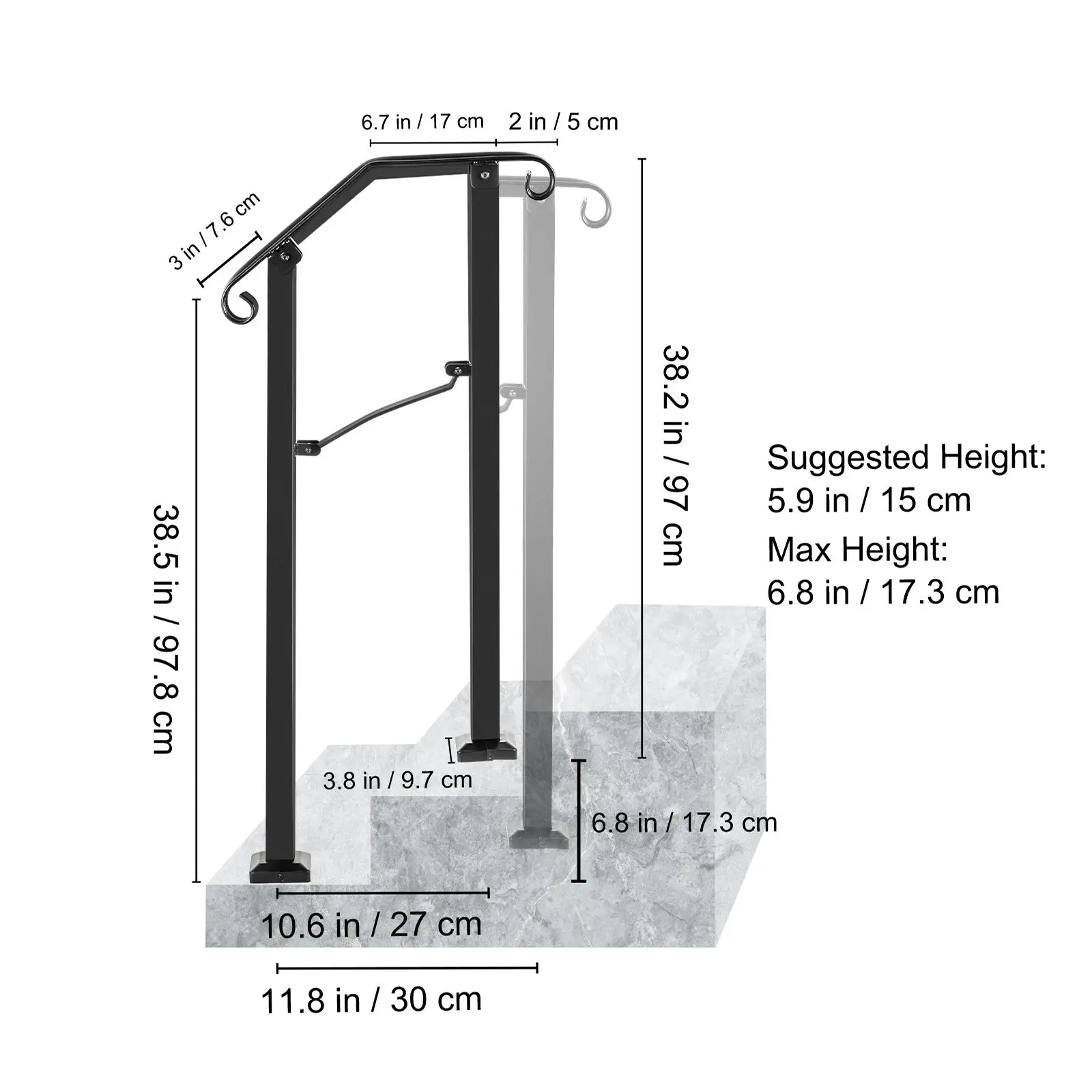 Handrails for Outdoor Steps, Fit 1 or 2 Steps Outdoor Stair Railing, Arch#1 Wrought Iron Handrail, Flexible Porch Railing, Black Transitional Handrails for Concrete Steps or Wooden Stairs
