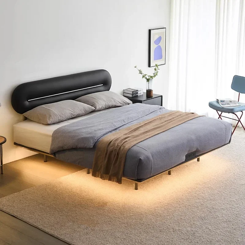 

French retro black leather bed medieval steel frame suspension bed master bedroom soft bag double bed