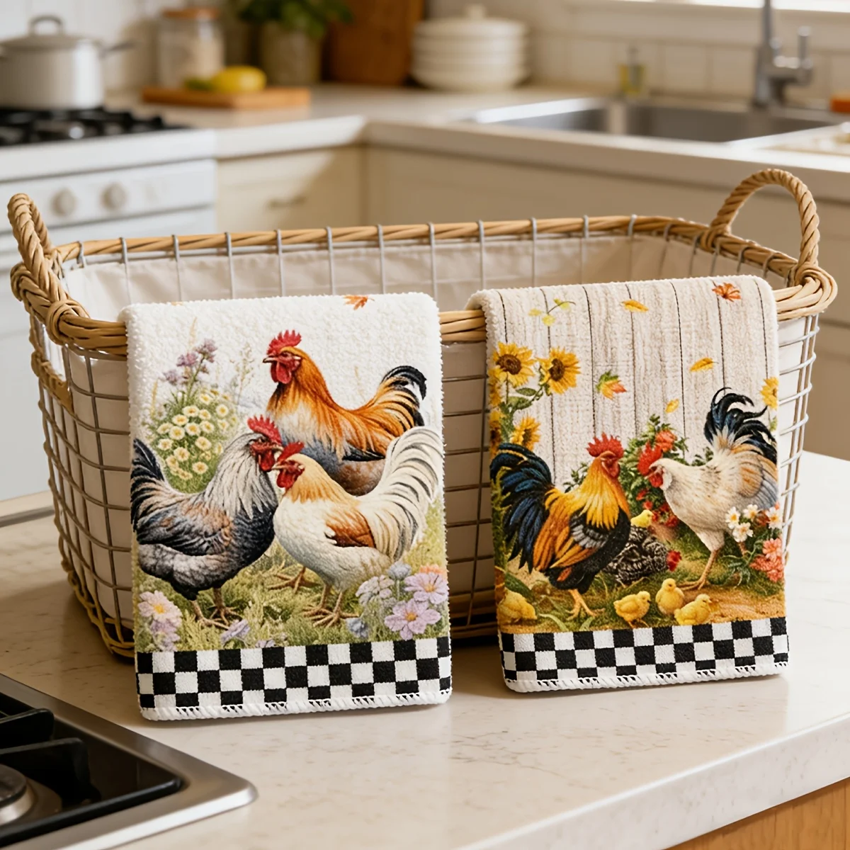 Pack of 2, farmhouse style chicken kitchen towel, vintage farm animal sunflower design dish towel, soft absorbent tea towel