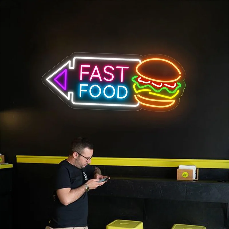 Burger Fast Food Arrow Neon Sign, Custom Fast Food Shop LED Neon Light Wall Decor Hamburger Restaurant Coffee Shop Decor Burger