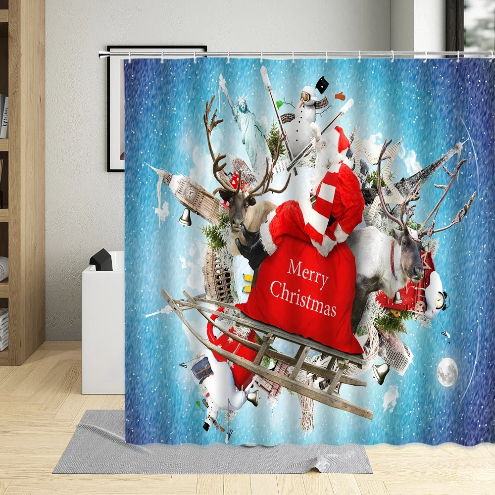 Merry Christmas Curtains Winter Shower Curtain Travel Theme Snow Scene Luggage Items Holiday Photos  Blue  Car Set With Hooks