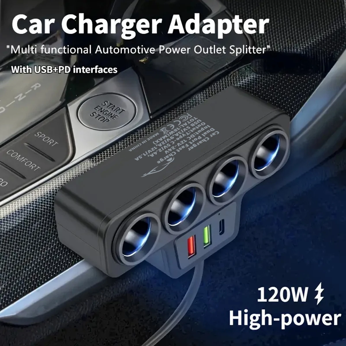 

Universal car charging plug, 4 cigarette lighter sockets, 1 PD fast charger port, 2 USB power adapters