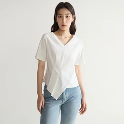 DUSHU 【4 colors】V-Neck Women Cotton Black Short Sleeve Tees Round Neck Front Shoulder White Pleated T-Shirts 24DS82342+24DS82496