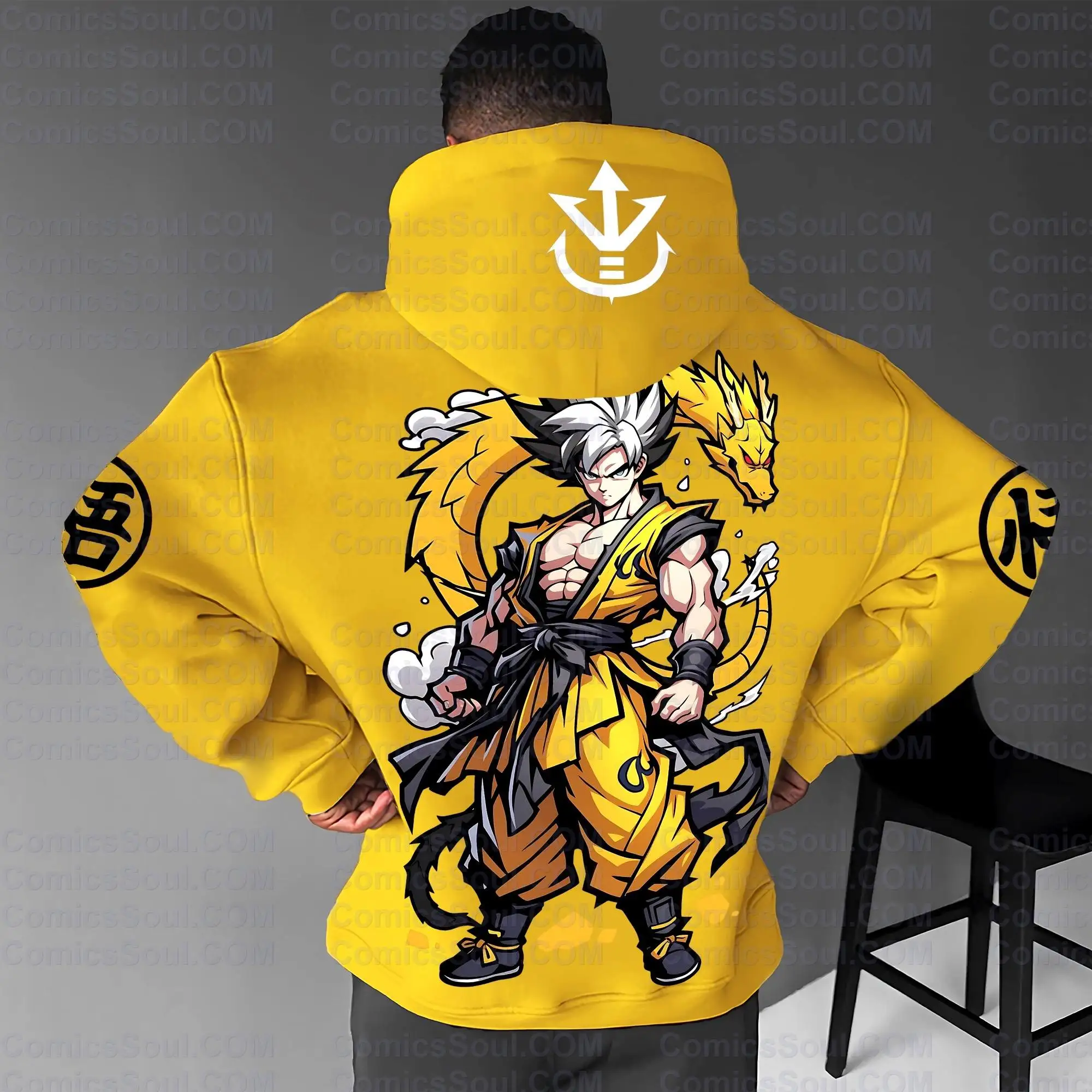 

Dragon Ball Anime Goku Yellow Hoodie Set Character Back Print Dragon Design Cotton Sweatshirt with Flame Chest Logo