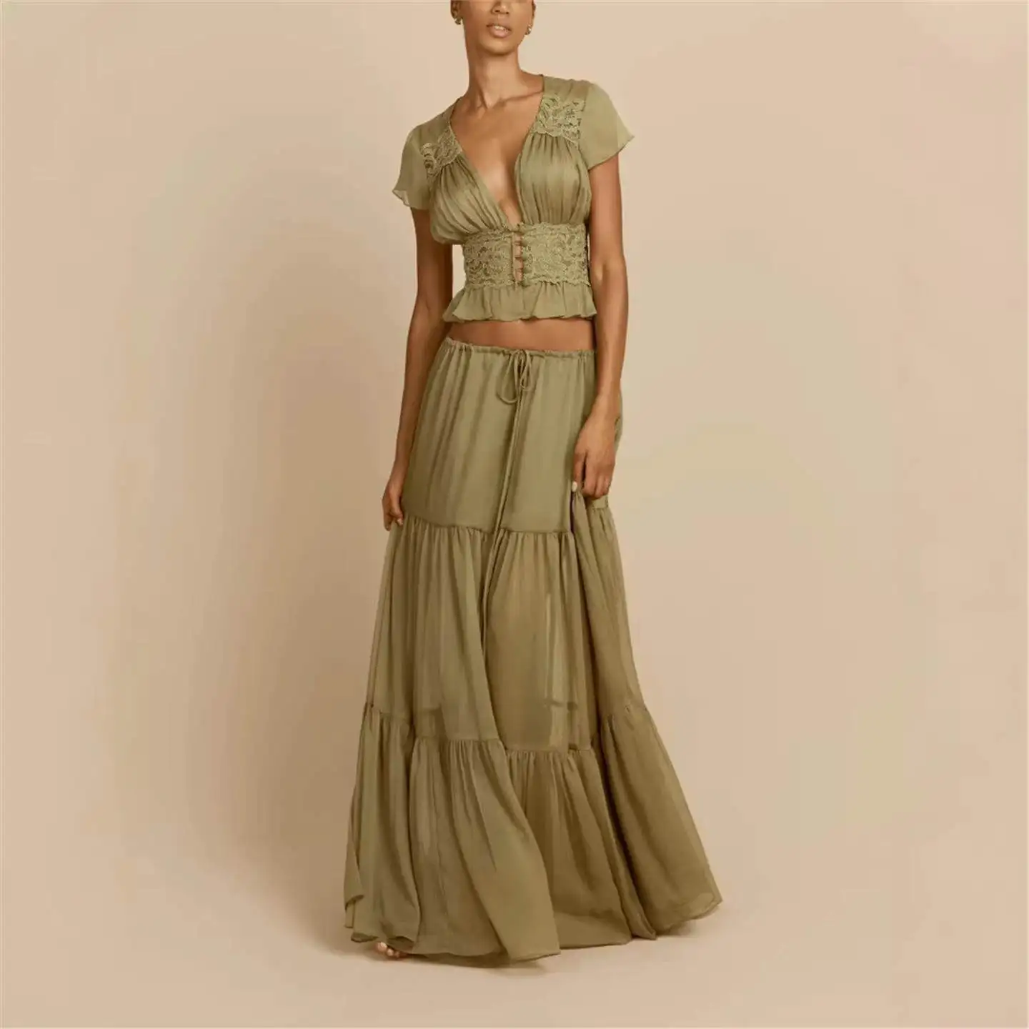 

Sexy Waist-Cinching V-Ne Top with Dstring Long Skirt Holiday Vibes Dr Set Cross-Border Women's Faion Cleanfit Sle