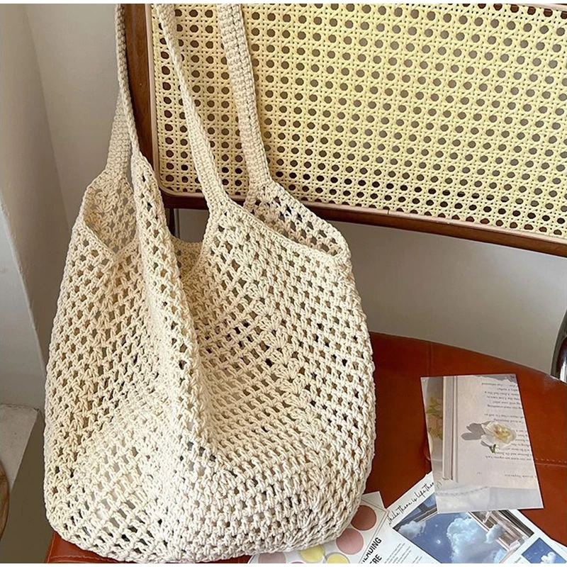 

Hollow Fashion Beach Bag Summer Cotton Woven Handbag Versatile Shoulder Bag Brand Design Seaside Holiday Leisure Knitted Totebag