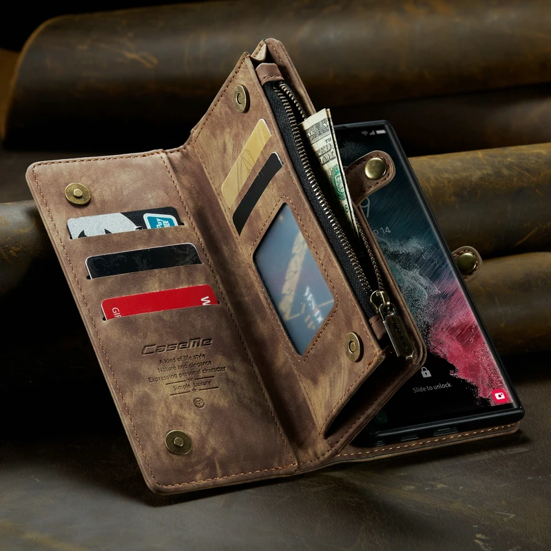 CaseMe-Leather Zipper Phone Case, Multifunction Wallet, 2 in 1 Full Case, Samsung Galaxy S21, S22, S23 Plus, Note 20 Ultra, A53