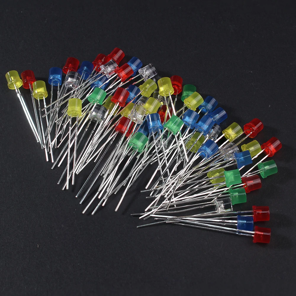 100PCS 5MM LED Lighting Diodes ( Flat-Top LED Diode ) - Red, Yellow, Blue, Green, White - F5 LED Lights Diode Assortment Set