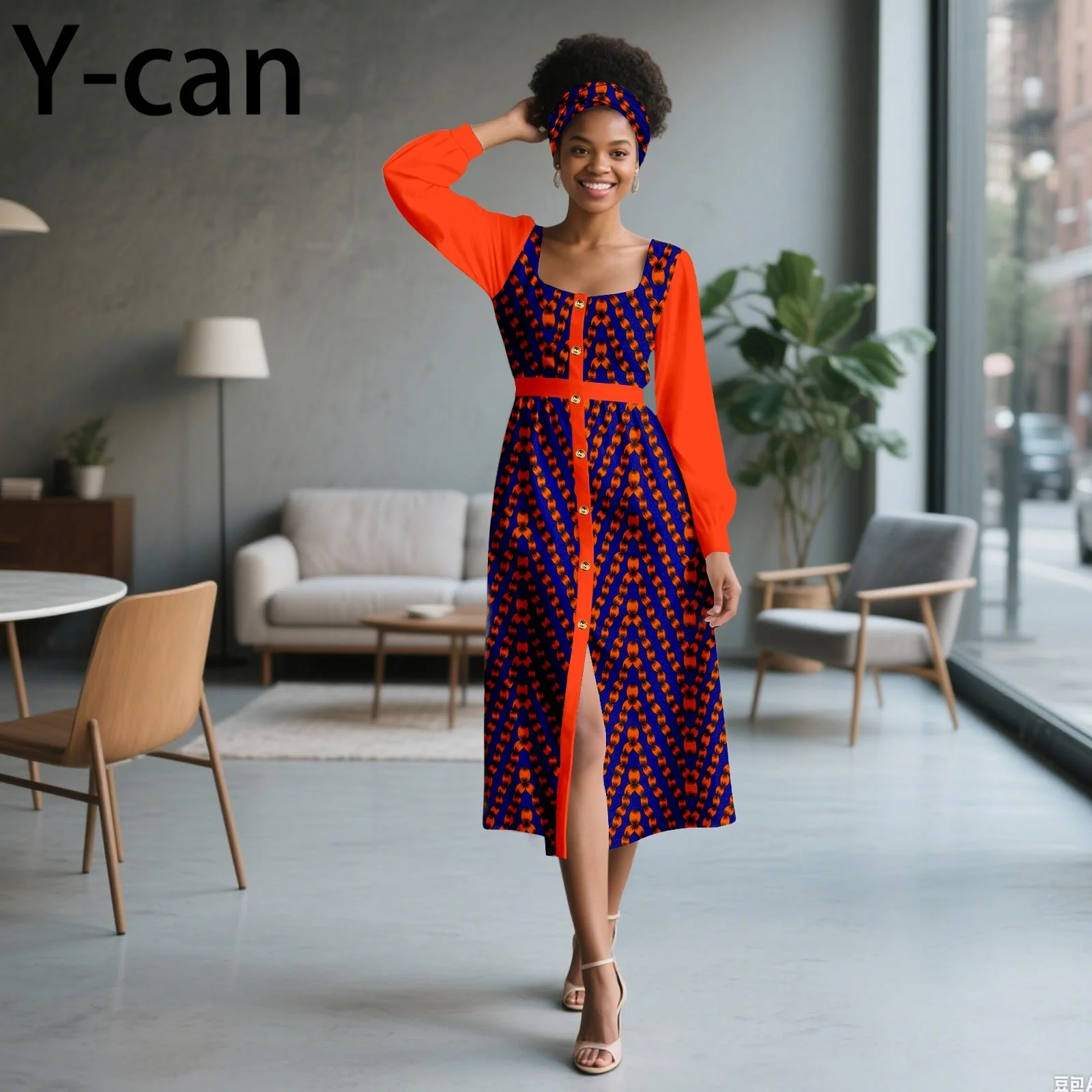 African Ankara Fashion Long Sleeve Button Dress Patchwork Print Gown with Headscarf for Wedding Party Elegant Lady Dress 2525110
