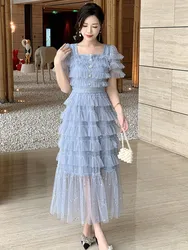 Sweet Fairy Princess Mesh paillettes Cascading Ruffles Layer Cake Dress colletto quadrato da donna bottone di perle Party Vestidos De Mujer