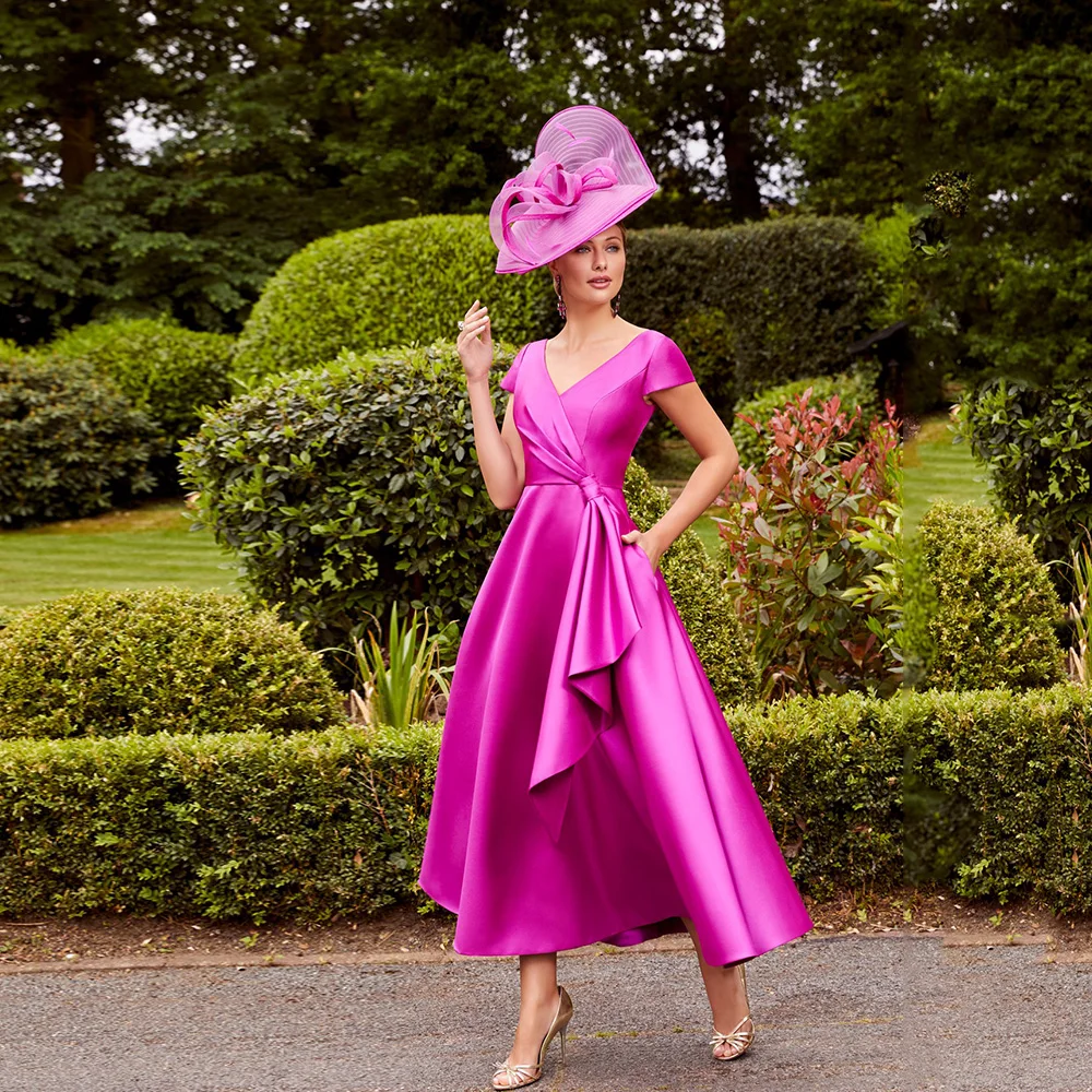 Robes en satin argenté pour mère de la mariée, col en V, manches courtes, robe trapèze, longueur thé, fête de mariage, quoi que ce soit, 2023