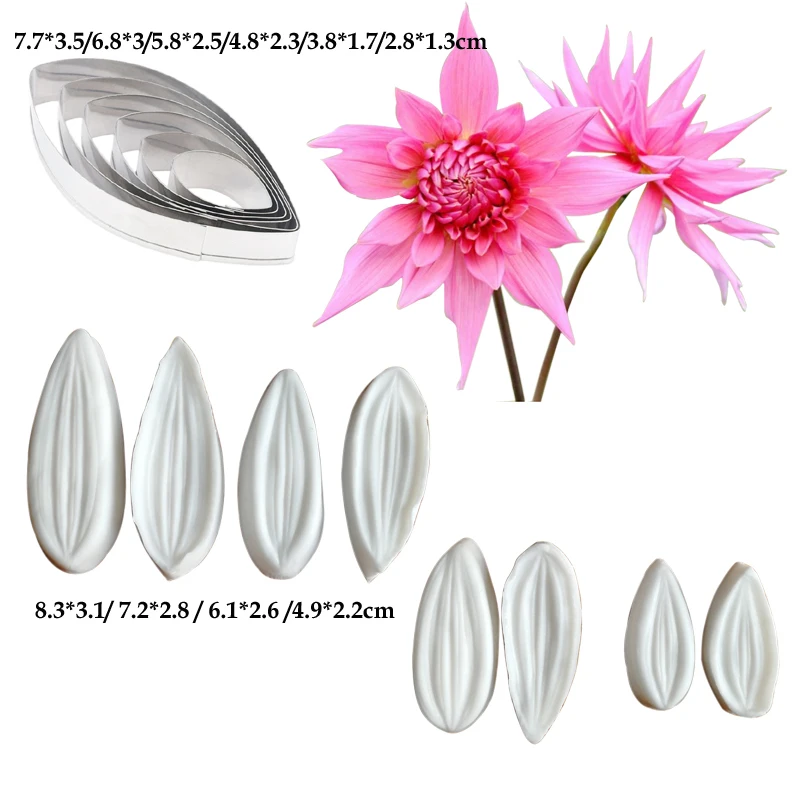 14pcs Dahlia Veiner Impression Flower Mold & Cutter Se Silicone Mold Cake Decorating Fondant Sugar Cake Mold Kitchenware M290