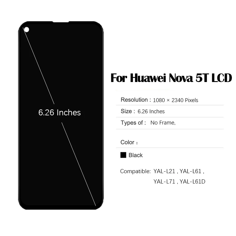 6.26 inches For Huawei Nova 5T YAL-L21 YAL-L61 YAL-L71 YAL-L61D LCD Display Touch Screen Digitizer Assembly Replacement Parts