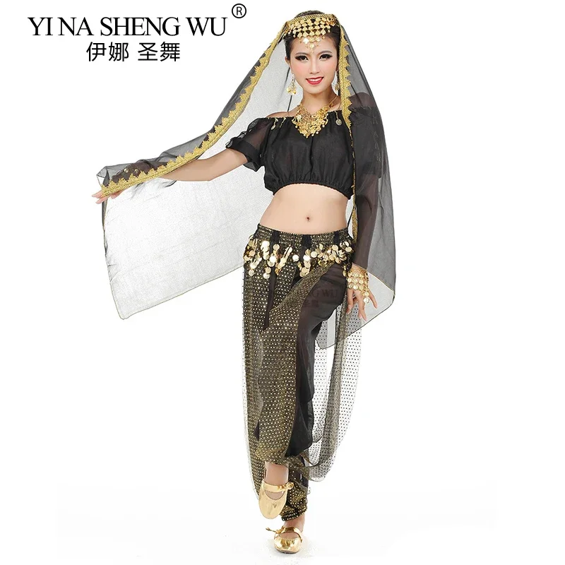 Conjunto de 3 peças de dança da índia, traje de performance de dança do ventre, chiffon, cobre, gong, lanterna, calças, manga curta, top, trajes de dança oriental