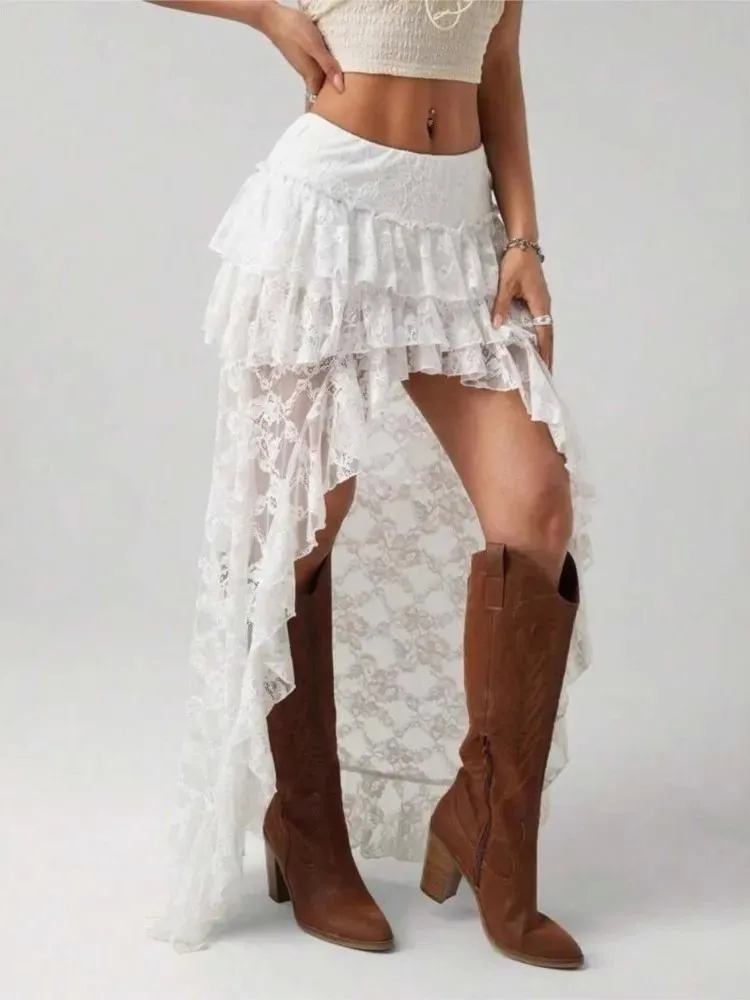 

Sexy Pure Color Lace Asymmetrical High Waist Skirt Polyester Fiber Ladies Casual H-ape Loose Elastic Waist Lace Skirt