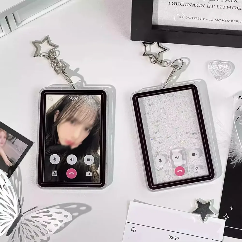 Y2K نمط مكالمة فيديو خلفية الصورة بطاقة كم 3 بوصة مع سلاسل المفاتيح K-Pop المعبود صور بطاقة حقيبة للتخزين حامل بطاقة الصور الفتيات