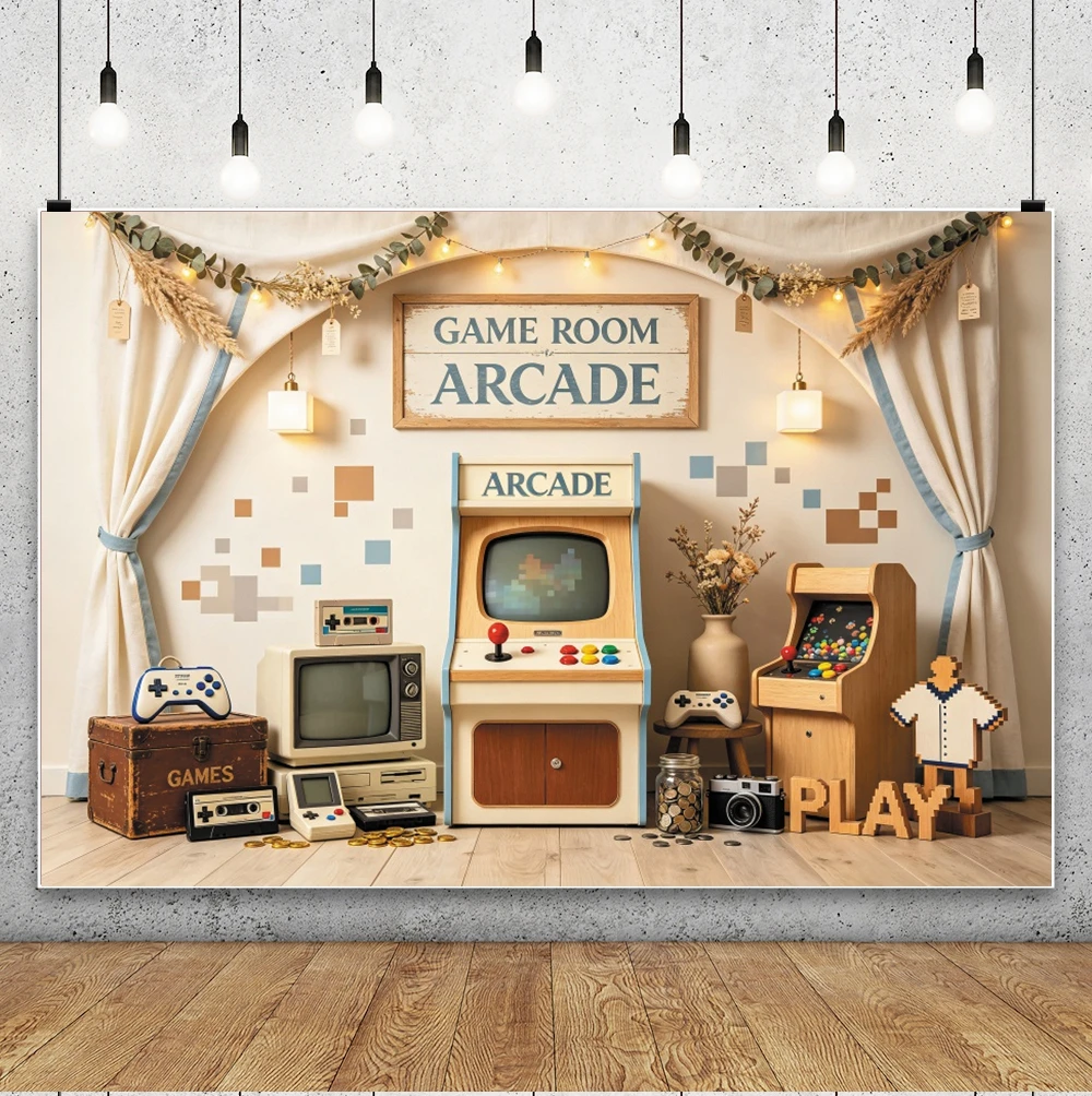 Retro Arcade Game Room Photography Backdrop Baby Shower Kids Birthday Party Cake Smash Background For Photographs Photo Studio