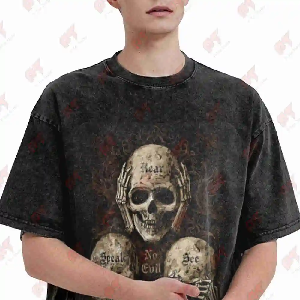 S Mantra See No Evil Hear Speak Bohemian Style Three Skulls Blindfolded Skull Vintage Washed Tee Pure Cotton T-Shirt