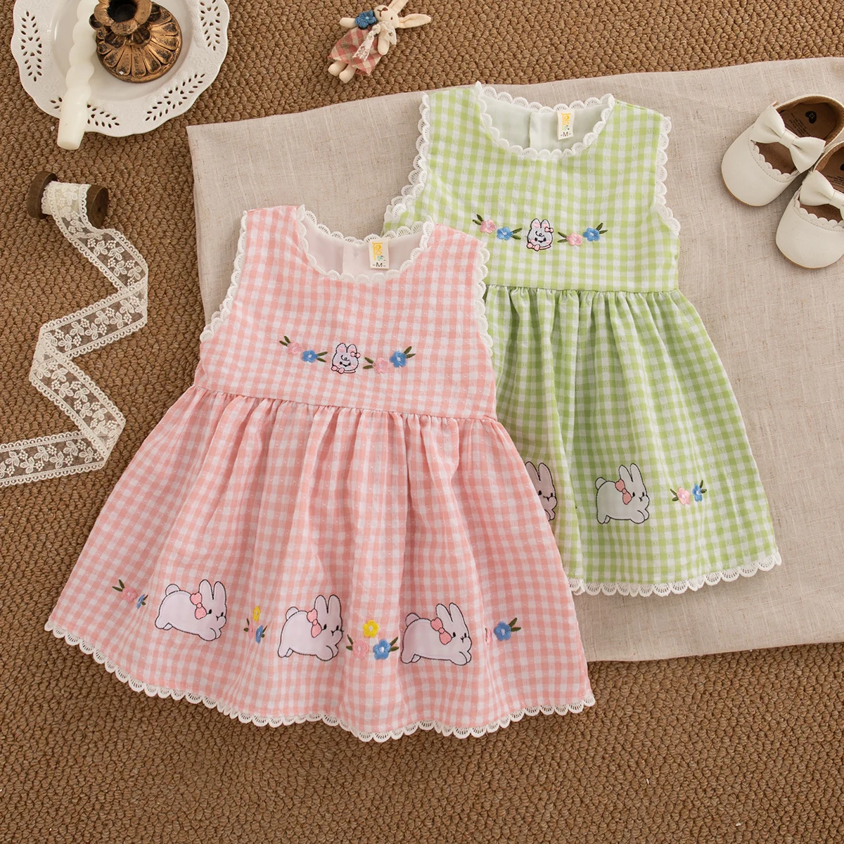 

Sweet White Lace Baby Girl Dress, Summer New Cute Little Plaid Rabbit Children'S Clothing (9 Months -4 Years Old)