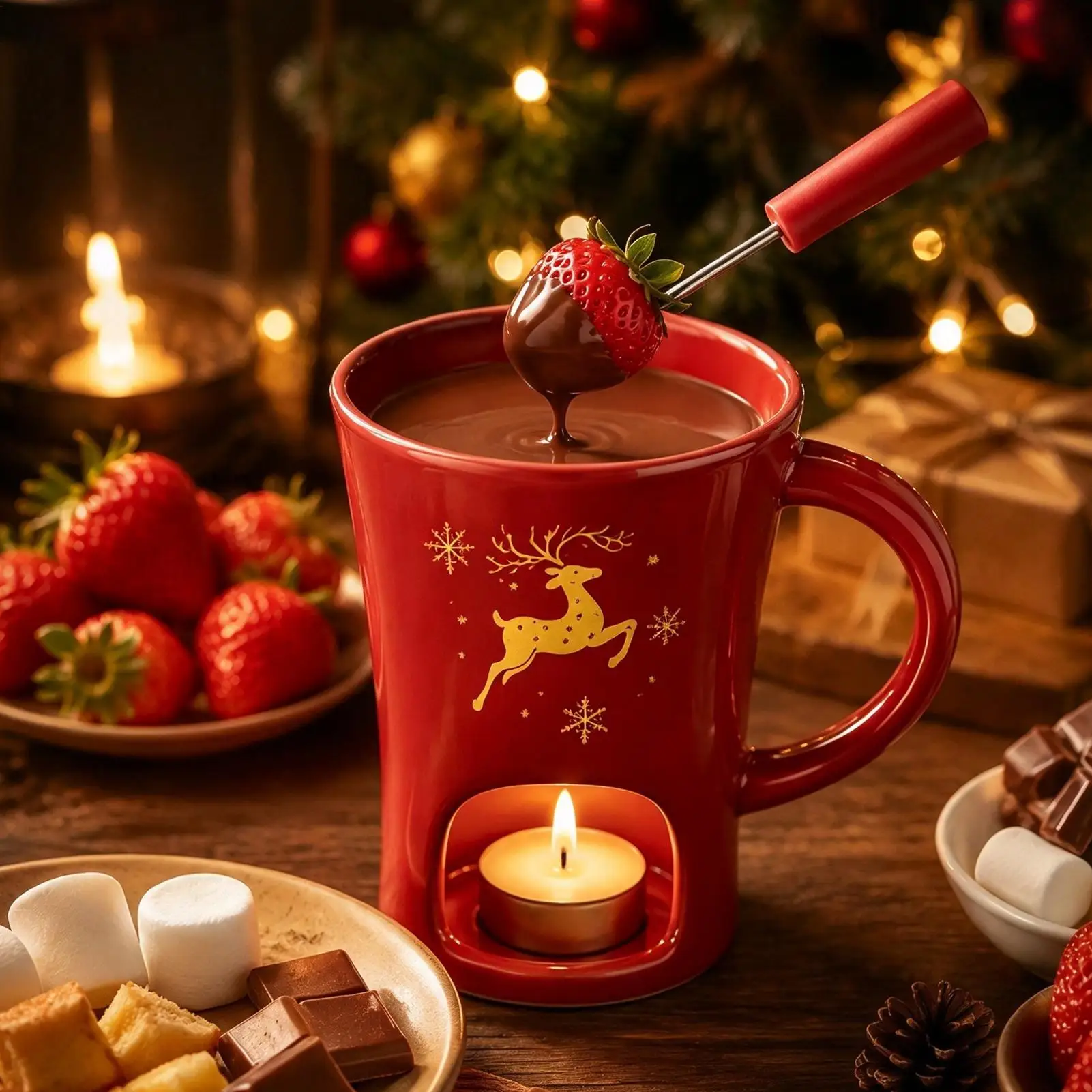 Ceramic Fondue Cup 130ml Ceramic Christmas Cheese Warmer With Fork Chocolate Fondue Cup For Office Cafe Afternoon Tea Party