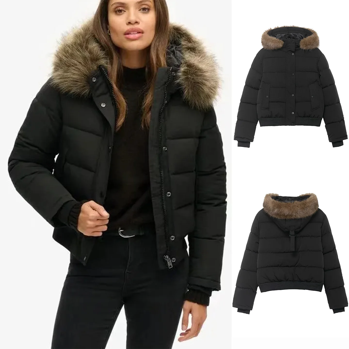 

Winter New Women's Casual Sle Collar Long Sve Zipper ort Cotton Jaet Coat Fur Collar Decorated Commute Straight Tube...