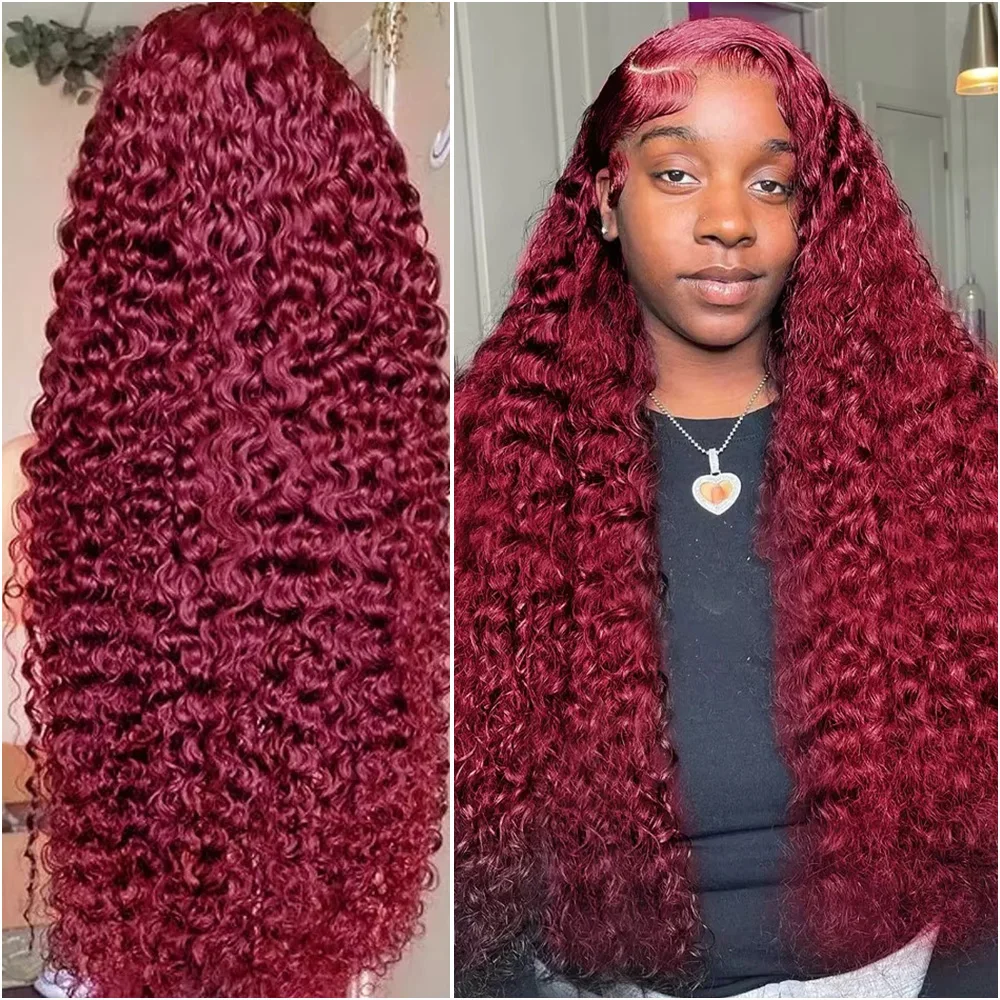 99j بورجوندي 13x6 Hd الدانتيل أمامي 100% خصلات الشعر المستعار الإنسان 40 بوصة أحمر اللون البرازيلي 13x4 الدانتيل موجة عميقة شعر مستعار أمامي 200% الكثافة