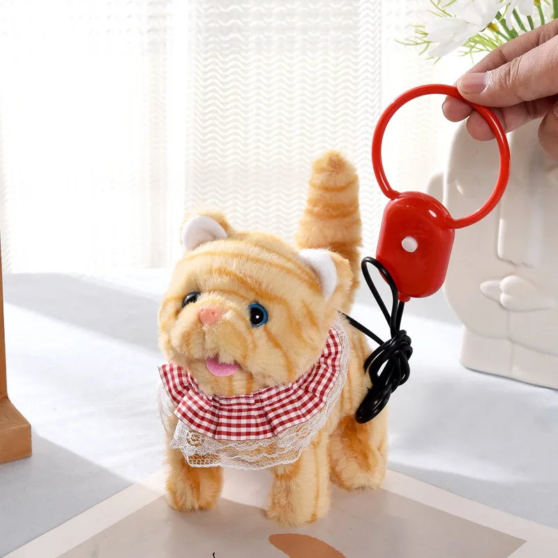 ของเล่นตุ๊กตาแมวไฟฟ้าสำหรับเด็ก แบบดึงเชือก วิ่งได้/มีเสียงเหมือนจริง ของเล่นแมวเหมือนจริงสำหรับเด็กเล็ก ฝึกเดิน
