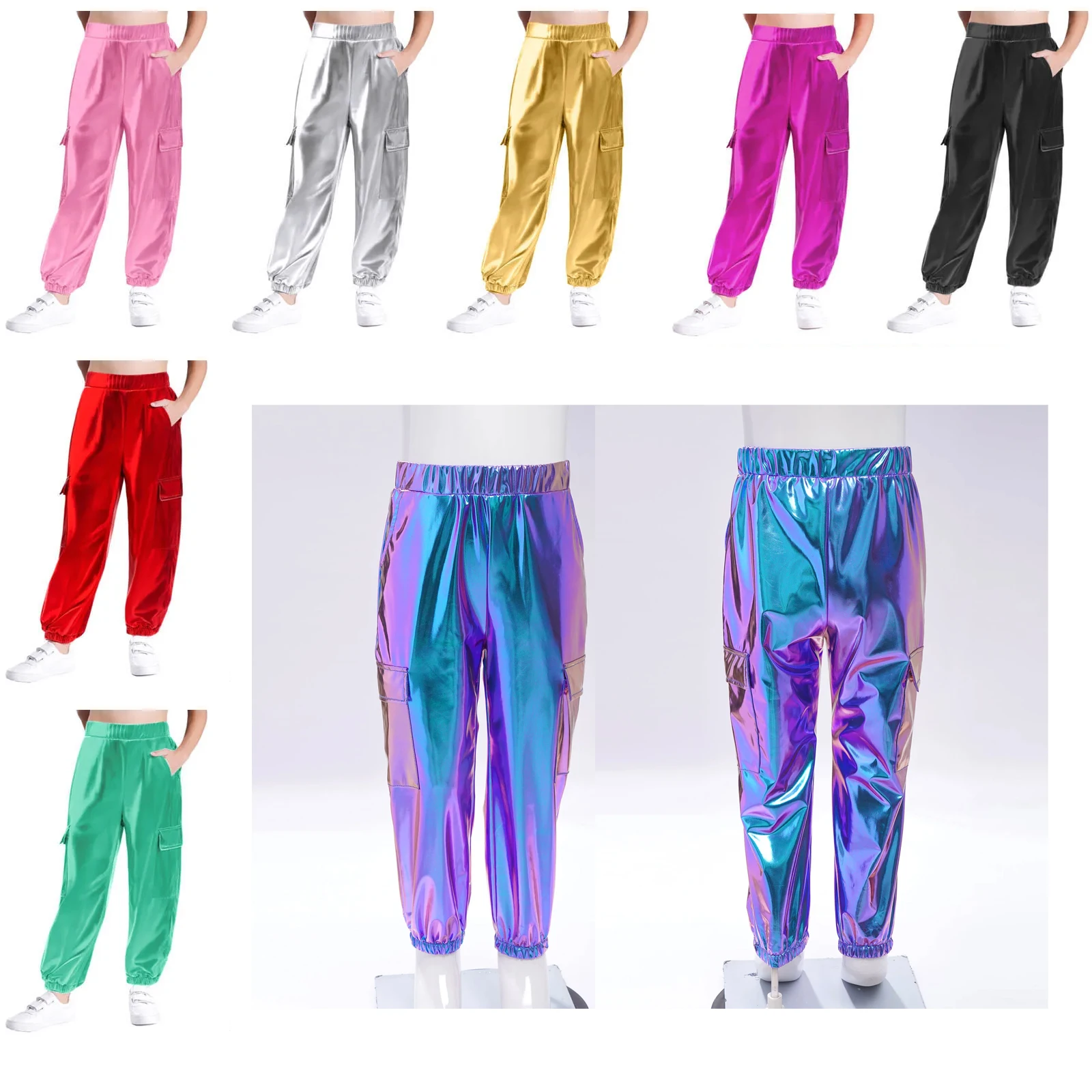 

Kids Boys Girls Harem Pants Shiny Metallic Elastic Waistband Trousers Pants Streetwear Carnival Party Hip-Hop Jazz Dance Costume