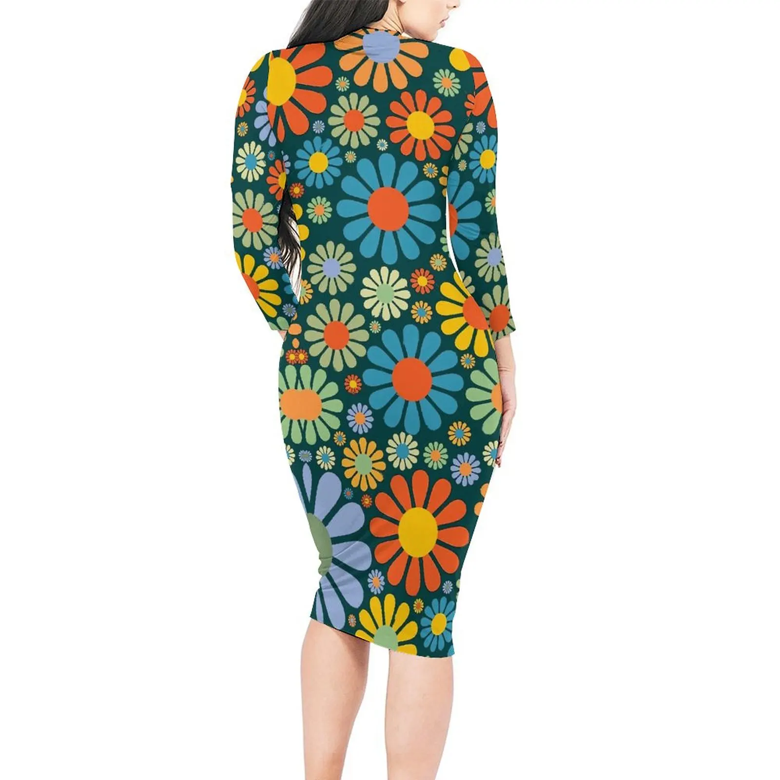 Retro Flower Power Bodycon Dress Holiday Colorful Floral Print Retro Dresses Lady Long Sleeve Pattern Street Wear Dress Big Size