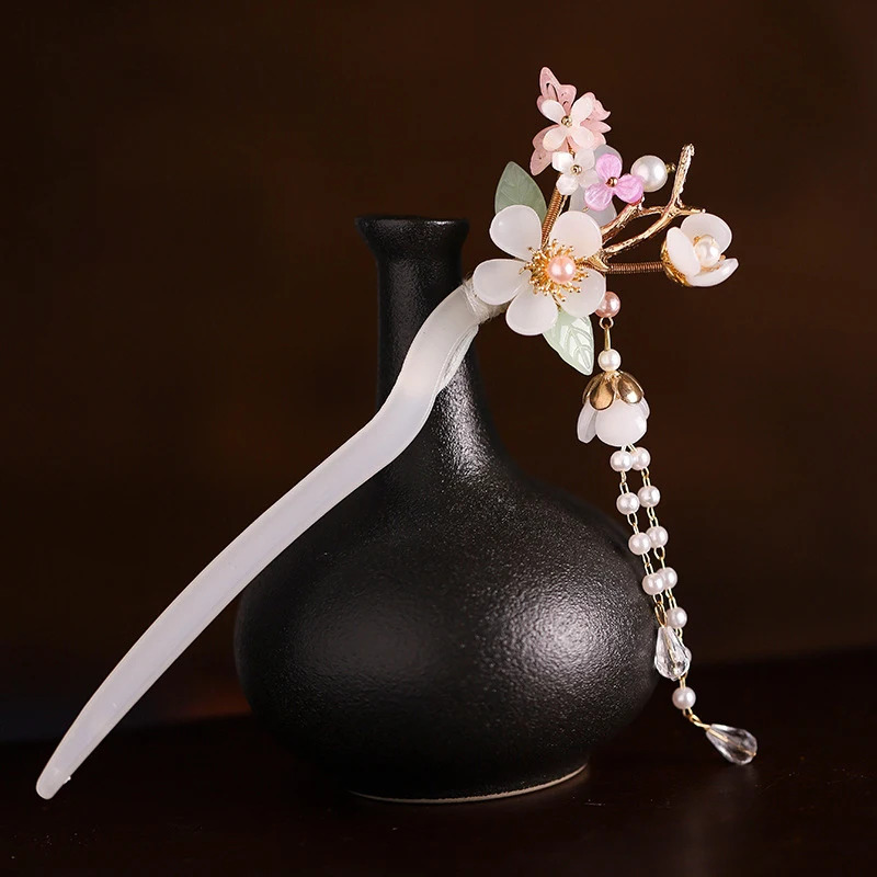 

White Acetate Acid Hair Sticks Forks Flower Butterfly Hair Pin Side Clips Pearls Chain Tassel Hairclips Women Fairy Hair Jewelry