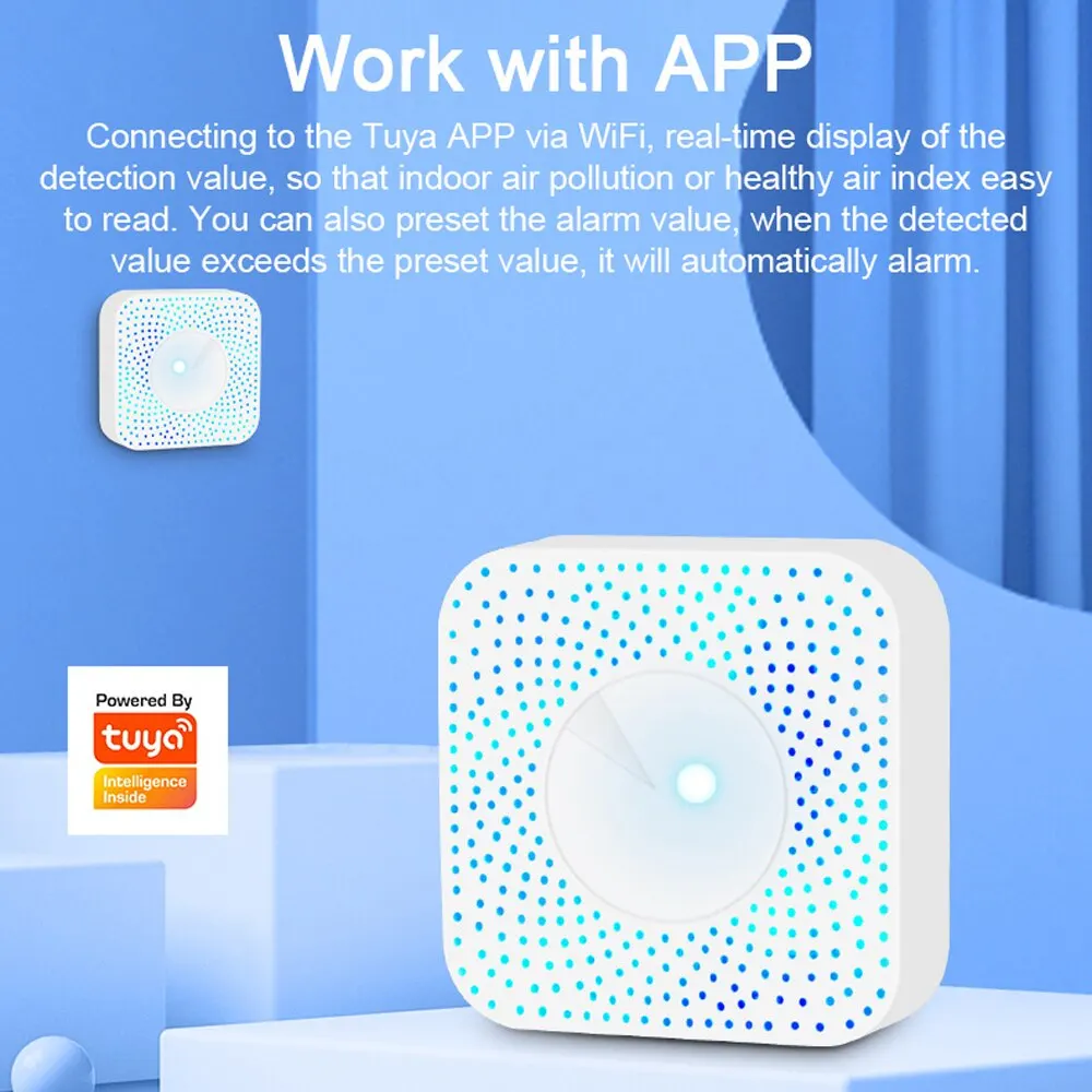 Tuya WiFi 6 in 1 Air Quality Monitor Smart Air Butler CO2 VOC Gas Detector Temperature/Humidity Detector with Alexa Google Home