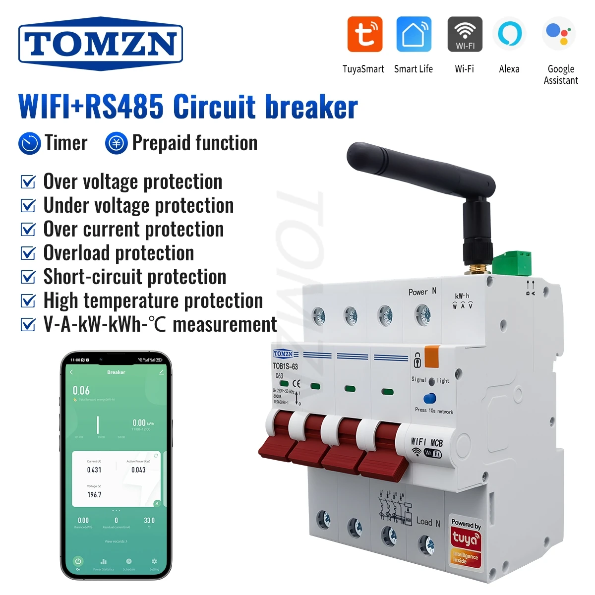 

TOMZN Трехфазный 3IN1 WIFI Интеллектуальный автоматический выключатель 4P Счетчик энергии RS485 TUYA Функция предварительной оплаты Защита от перегрузки и короткого замыкания