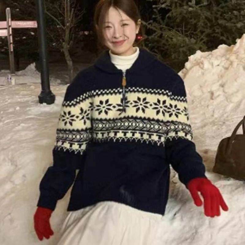 Donna Autunno Inverno Risvolto Casual Top lavorato a maglia Stile britannico Retro Manica lunga Jacquard Pullover Maglione dolcevita allentato con mezza zip