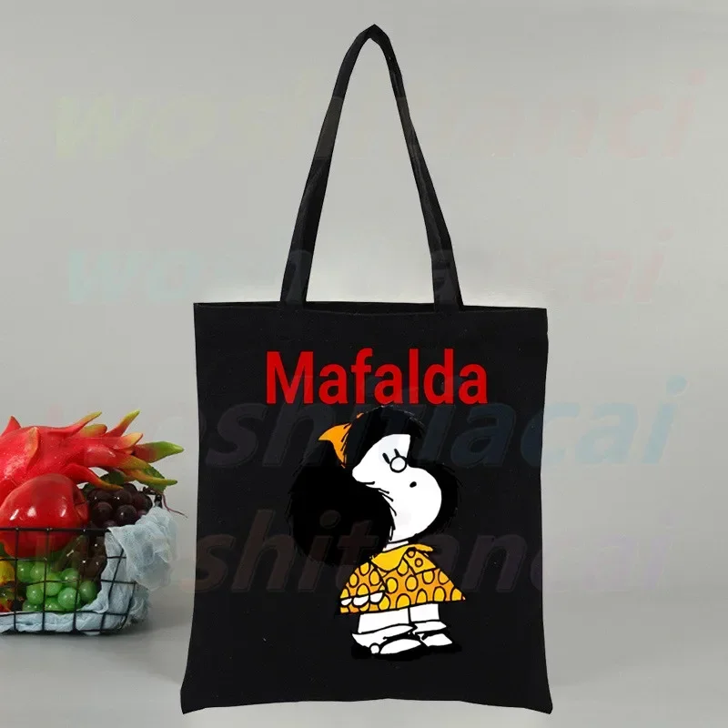 Mafalda-Sac à main en toile réutilisable pour femme, fourre-tout, shopping, voyage, bande dessinée, bande dessinée, noir