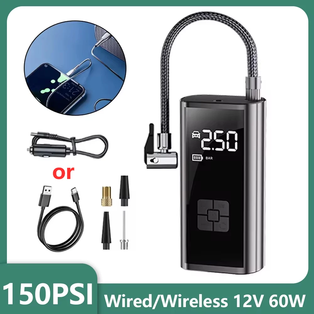 

150PSI автомобильный воздушный насос, проводной/беспроводной переносной автомобильный воздушный компрессор, насос для накачивания шин для мотоцикла, велосипеда, автомобильного накачивания шин