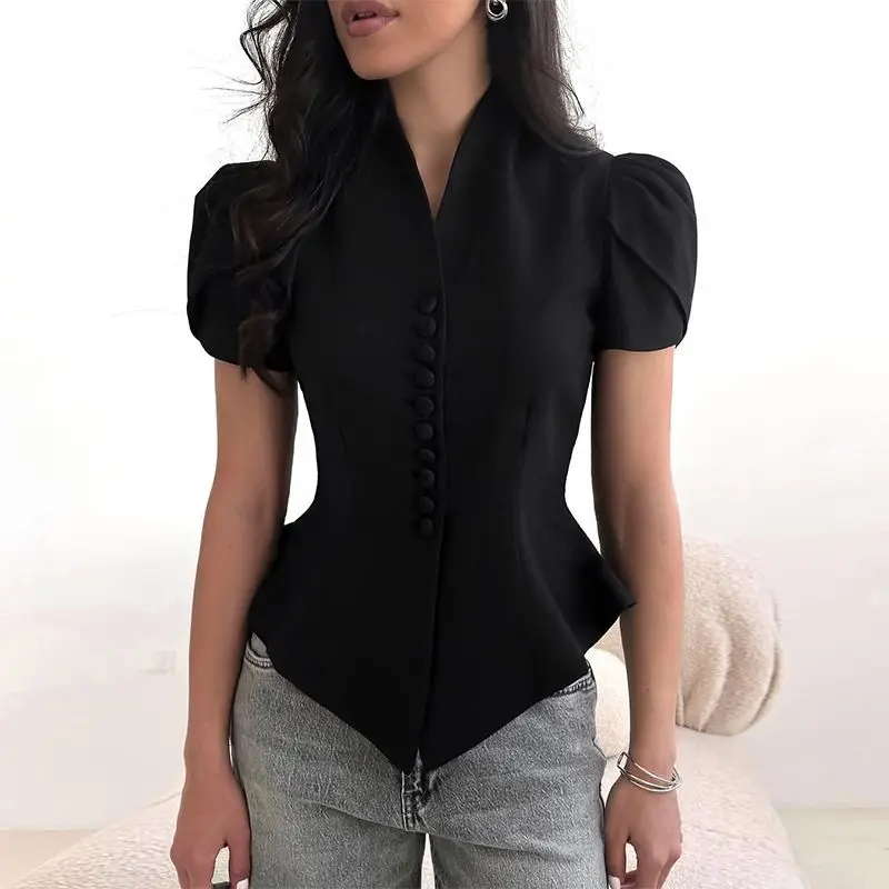 women's clothing foreign trade French new design sense niche breasted waist irregular short-sleeved shirt top
