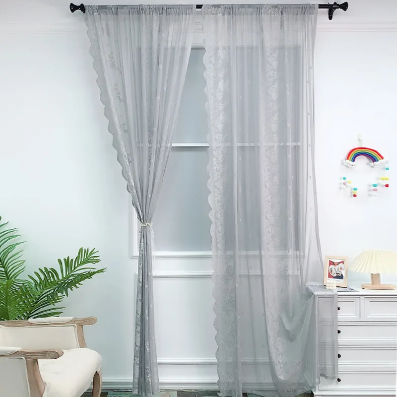 

Curtain Gray Lace Floral Embroidery Sheer Living Room Curtain Rod Pocket 2 Panels Pastoral Style Bedroom Decoration 140x200cmx2