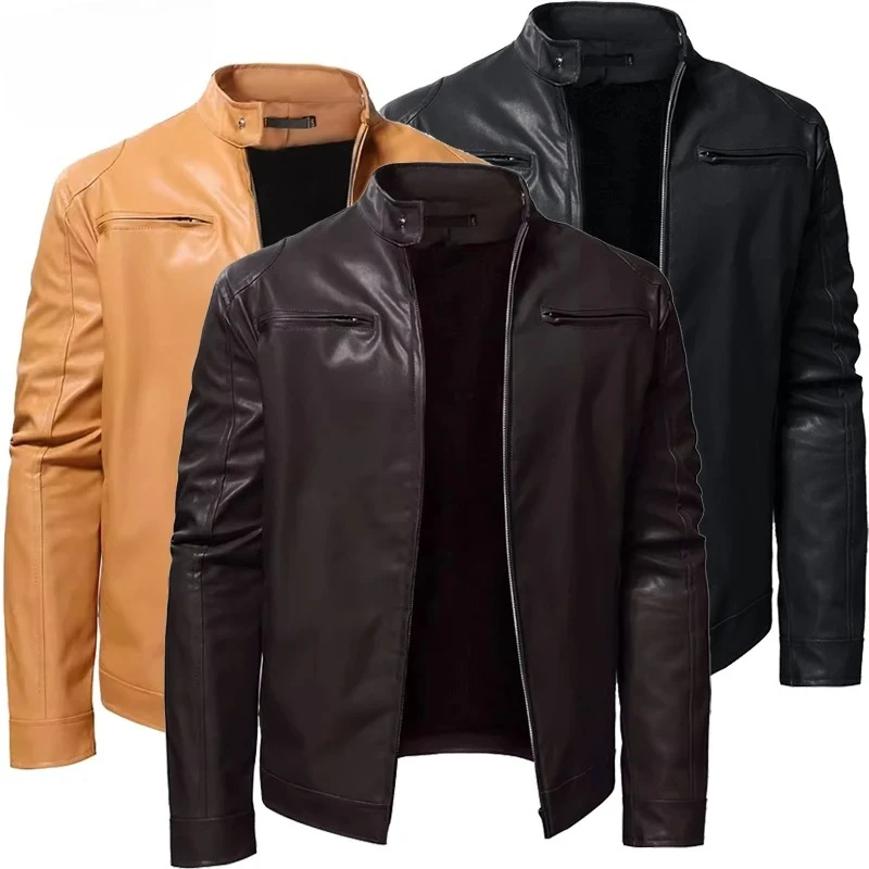 

Autumn New Men Stand Collar Coat Black Leather Motorcycle Jacket Solid Color Zipper Streetwear Male Warm Biker Jackets