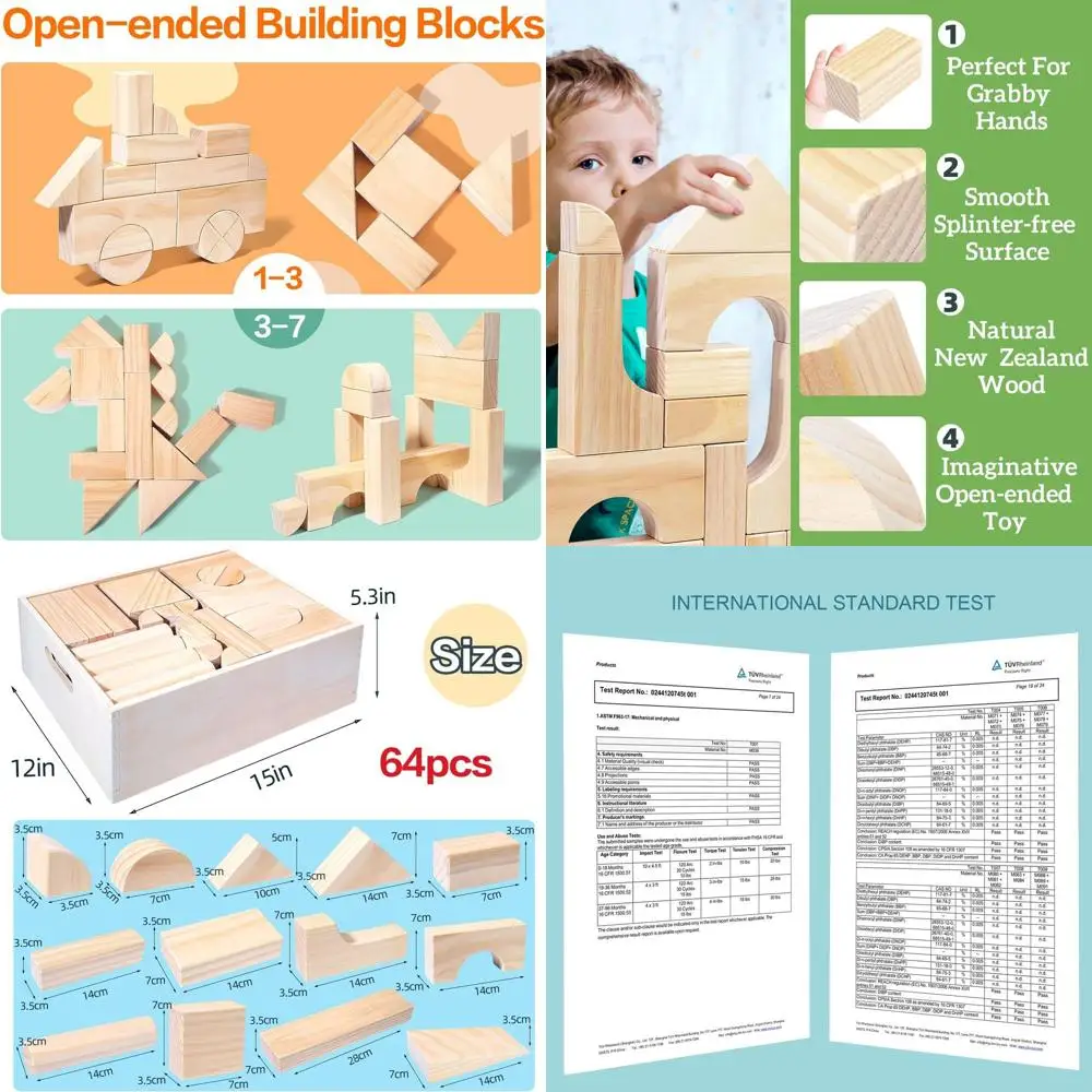 Set di blocchi da costruzione in legno per bambini - Giocattoli educativi prescolari con scatola portaoggetti, ideali per bambini dai 3 anni in su
